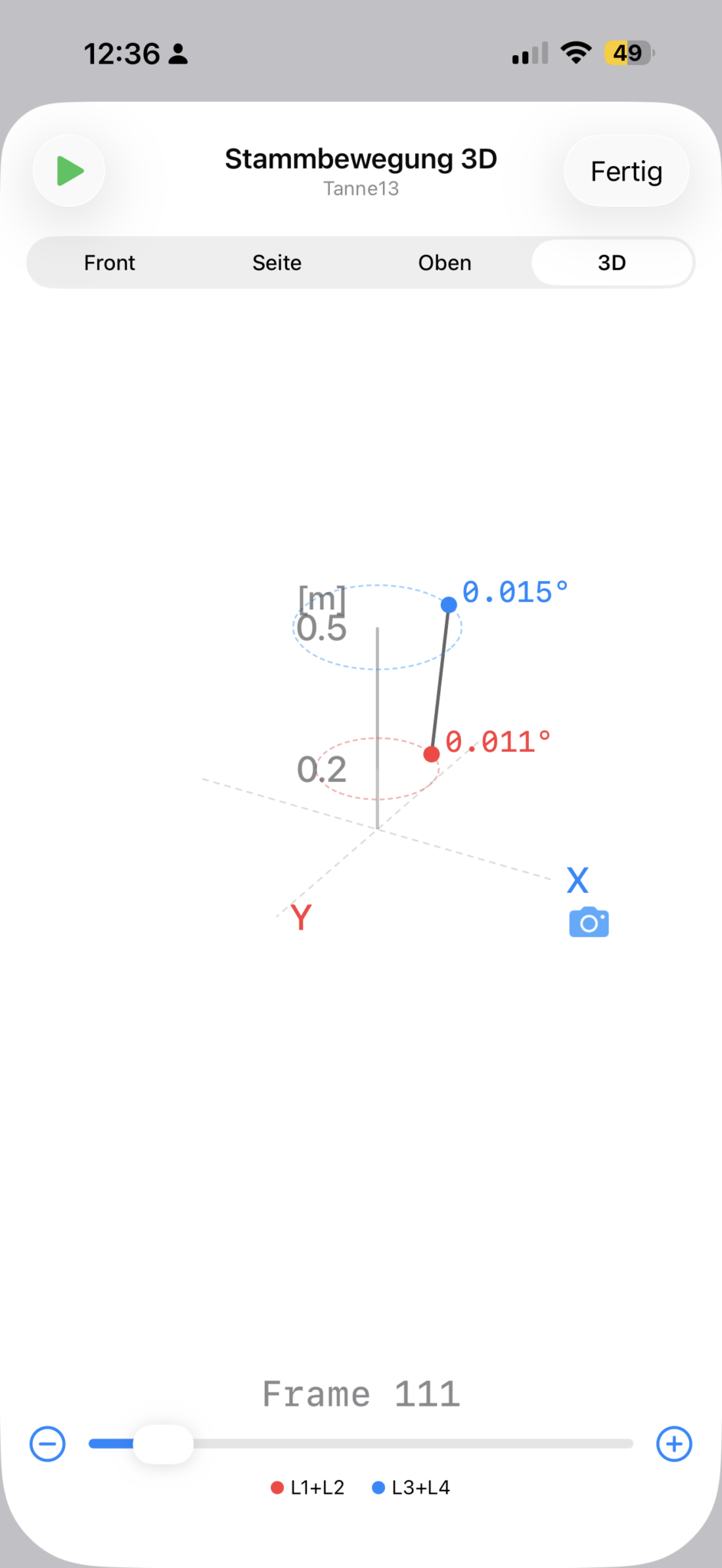 Screenshot from the LOFOR App, showing the analysis (bending of the tree)