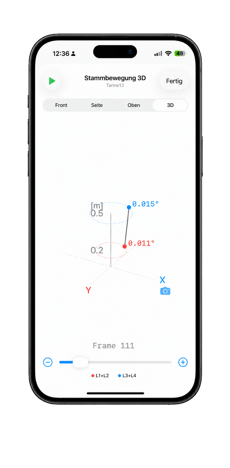 LOFOR® App auf dem iPhone mit 3D-Ansicht der Stammbewegung